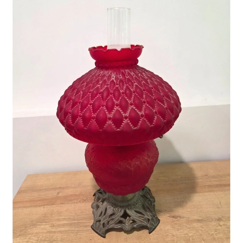 Antique Red Satin Quilted Glass Aladdin Style Oil Lamp Brass Base 20''